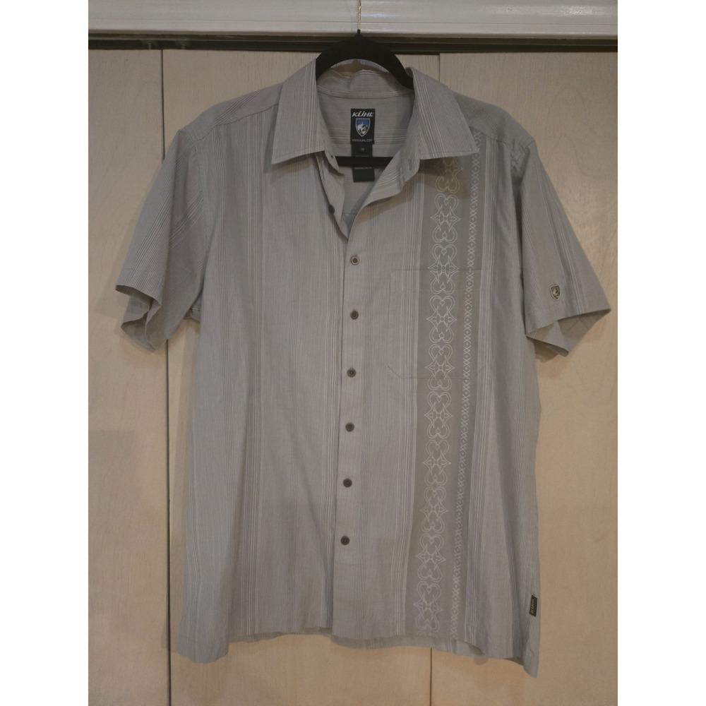 Kuhl Men's Medium Gray Striped Embroidered Short Sleeve Button Up Shirt 100%...